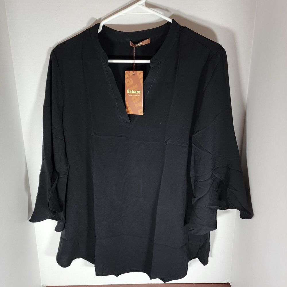 Gaharu Notched Neck Blouse 3/4 Bell Sleeves Black Women's Size M